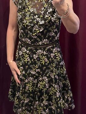 Monique Lhuillier Black Midi Dress with Green and Light Pink Floral Embroidery
